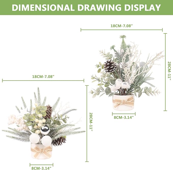 JJIALEIXI 2PCS Small Christmas Tree,11" Artificial Little Potted Mini Tabletop Tree Christmas Decorations, for Wedding Holiday Indoor Xmas Party Winter Decor (White/Green/Silver).