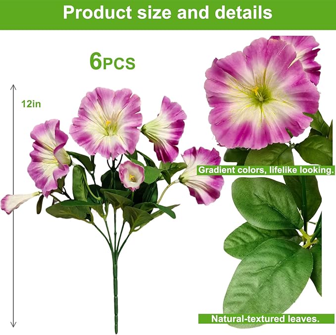 6 Bundles Pink Silk Morning Glory - UV-Protected Artificial Flowers for Outdoor Spring Summer Decor, Fits Planter, Porch, Patio, Yard & Balcony
