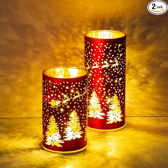 Christmas Decorations Indoor,Mercury Glass Lights with Timer,Battery Powered Fairy Light,LED Latern with Christmas Tree Deer Carvings, Lamps for Table Decor Home Centerpiece (Red)