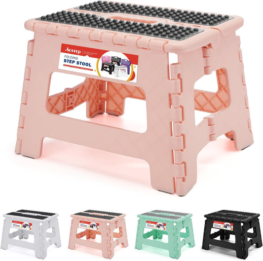 ACSTEP 9 Inch Folding Step Stool 300 LB Capacity Non Slip Foot Stool with Handle Plastic Foldable Step Stools for Kids Stepping Stool for Bathroom Black Small Step Stool (1 PC Pink)