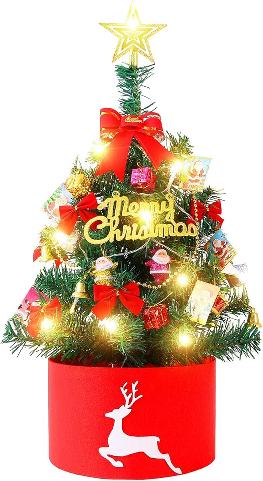 2FT Mini Christmas Tree with Lights, Pre-Lit Artificial Christmas Tree with Tree Skirt & Star Topper, Green Tabletop Xmas Tree for Home, Office, Bedroom, Party Decor (Battery Not Included)