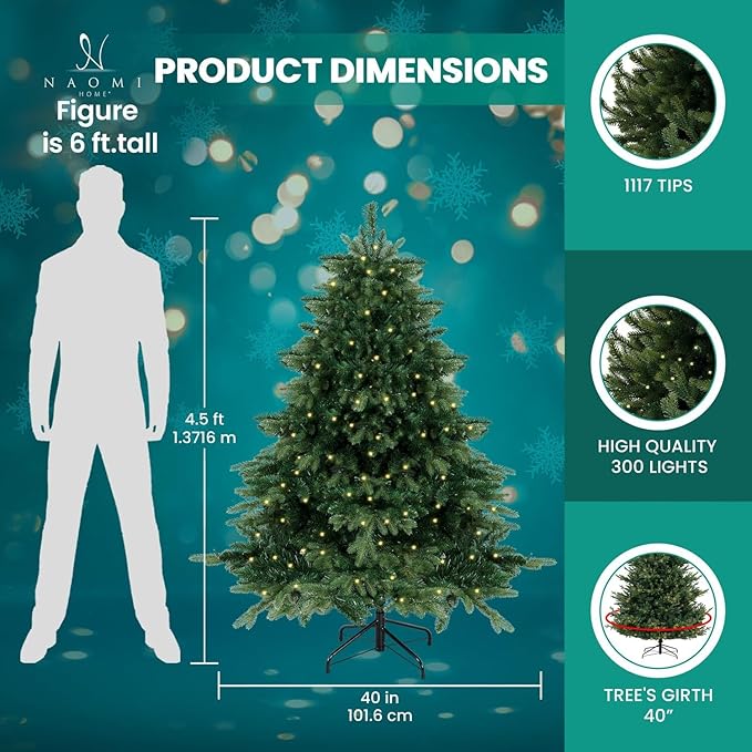 Naomi Home 4.5ft Rustic Christmas Tree with Lights, Realistic Classic Christmas Tree Prelit with 1117 Branch Tips, 300 Warm Lights and Metal Stand, Aritificial Xmas Tree
