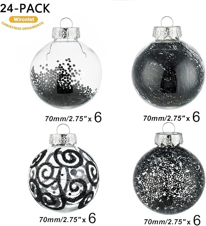 Wironlst Christmas Ball Ornaments Shatterproof Clear Large Plastic Hanging Ball Decorative Baubles Set with Stuffed Delicate Decorations (70mm/2.76", Black)