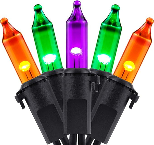 YULETIME 100 Count Orange Green Purple Christmas Lights, 33 Feet Black Wire UL Certified Incandescent-Like LED Mini String Lights