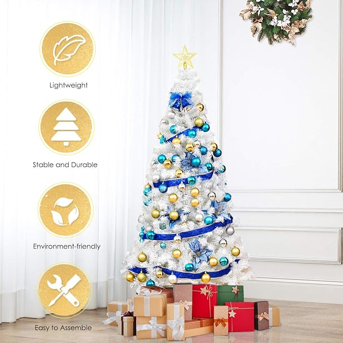 HAPPYGRILL 6FT Unlit White Artificial Christmas Tree with Solid Metal Stand, PVC Material 650 Branches Xmas Tree