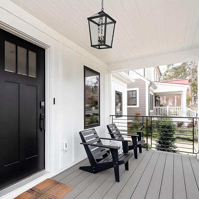 Treekee Outdoor Pendant Light, Modern Black Hanging Lantern Light for Front Porch, Adjustable Exterior Chandelier Fixture with E12 Sockets & Water Ripple Glass for Patio, Entryway, Garage, Gazebo