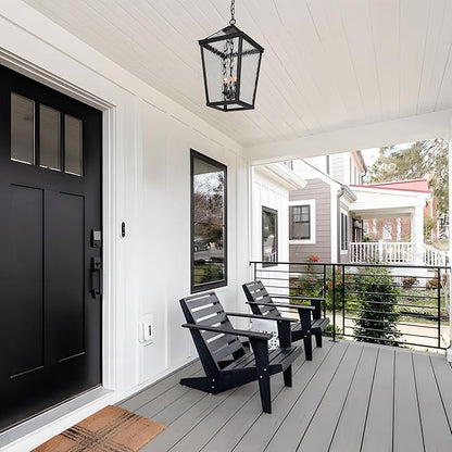 Treekee Outdoor Pendant Light, Modern Black Hanging Lantern Light for Front Porch, Adjustable Exterior Chandelier Fixture with E12 Sockets & Water Ripple Glass for Patio, Entryway, Garage, Gazebo