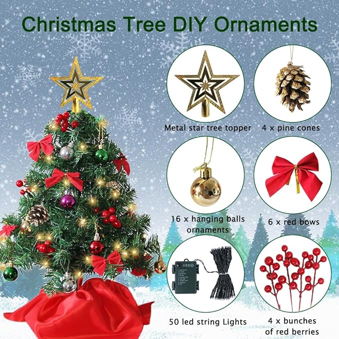 Juegoal 24 Inch Mini Christmas Tree Set, Table Top Artificial Christmas Trees with 50 LED Lights, Ornaments and Red Berries, Best DIY Christmas Decorations