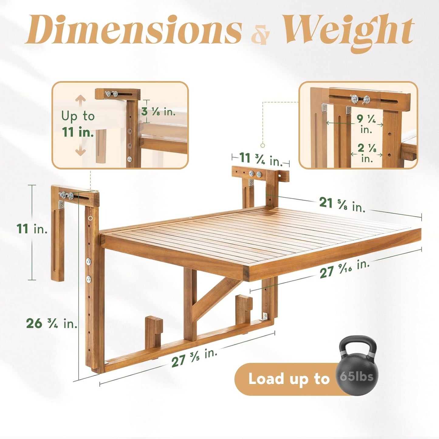 Idzo FSC Acacia Wood Folding Balcony Bar Table for Railings, Adjustable Height & Width, Teak Brush Finish Durable Against Weather, Ideal Spacious Dimension of 27 9/16 x 21 5/8 Inch, Rectangular Design