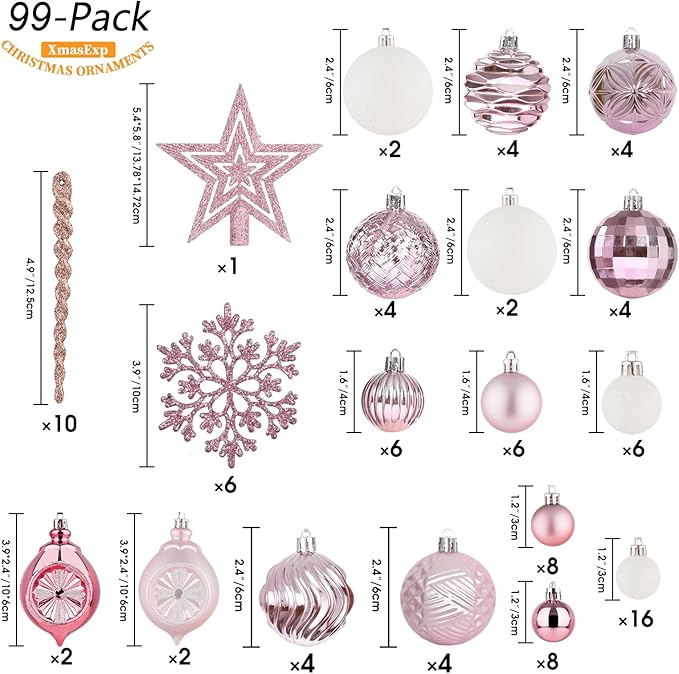 XmasExp 99-Pack Christmas Ball Ornaments Assorted Shatterproof Christmas Tree Decorations with Hand-held Gift Package for Xmas Tree,Home,Party(Baby Pink)