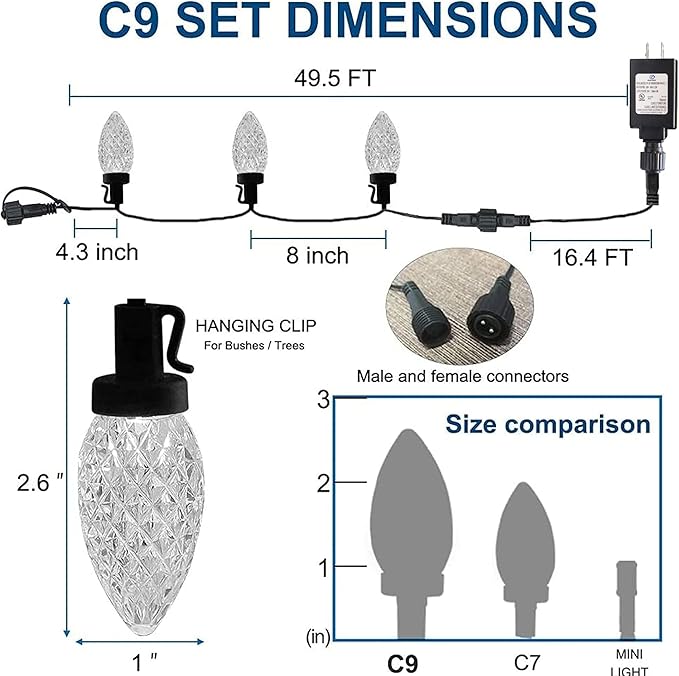 Dazzle Bright C9 Christmas Lights Outdoor, 50 LED 33ft Waterproof Green Wire String Lights, Indoor Outdoor Fairy Lights for Christmas Tree Xmas Yard Party Wedding House Decorations (Warm White)