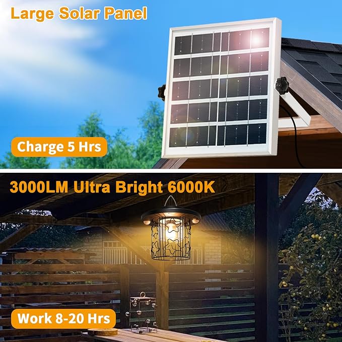 Solar Star Pendant Light - 3000LM Outdoor Solar Chandelier with Motion Sensor, Gazebo Lighs with Remote Control, 5 Modes, 3 Color Temperatures for Patio, Garden, Gazebo, Umbrella(16.4FT Cord)