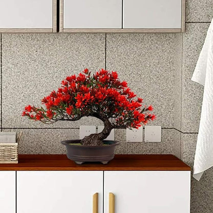 Artificial Bonsai Tree - Fake Plants for Home Decor, Bookshelf Coffee Table Office Desk Bathroom Farmhouse Indoor Decor, 9.5" Tall, Red