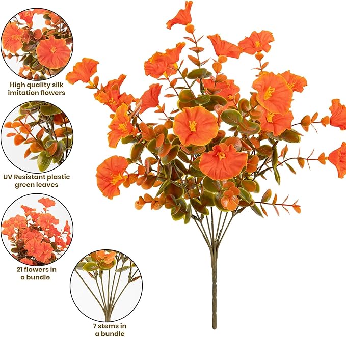 Artificial Fake Mums for Outdoor 16 Bundles Fall Orange Morning Glory for Halloween Decorations