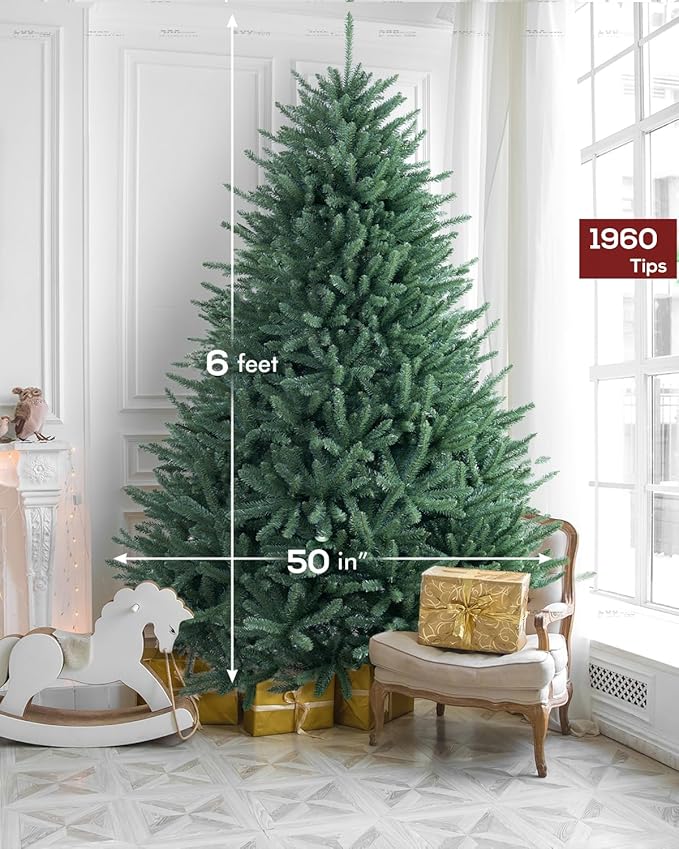 6FT Blue Spruce Christmas Tree, Premium Hinged Artificial Christmas Tree, Full Unlit Xmas Tree 6 Feet No Lights, Non Pre-lit for Indoor and Outdoor Fir Green Festive Holiday
