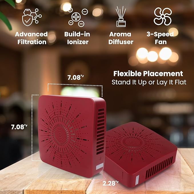 4-in-1 Portable Air Purifier HEPA Filter, Aroma, Ionizer & Mini Fan – USB-C Desktop Air Cleaner for Smoke, Pollen, Dander, Odors – 5 Colors for Bedroom, Office, Baby, Pets, Travel (Crimson Red)