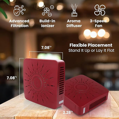4-in-1 Portable Air Purifier HEPA Filter, Aroma, Ionizer & Mini Fan – USB-C Desktop Air Cleaner for Smoke, Pollen, Dander, Odors – 5 Colors for Bedroom, Office, Baby, Pets, Travel (Crimson Red)
