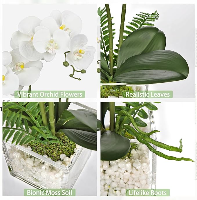 White Orchids Artificial Flowers 16.1" Faux Orchids Plant in Pot Fake Flower Arrangements with Glass Vases Small White Centerpieces for Kitchen Dining Room Tables Bathroom Nightstand Shelf Desk Decor