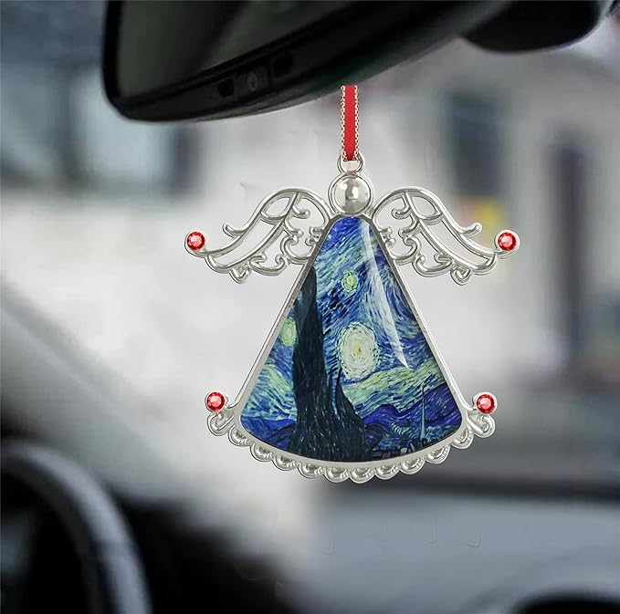 XUTAI Angel Christmas Tree Ornament Van Gogh Starry Night Style Glass Christmas Hanging Angel Glass Pendant for Holiday Decoration