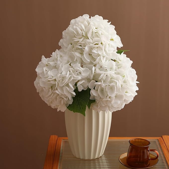 Nubry 22.44In White Hydrangea Artificial Flowers, 3Pcs Latex Faux Real Touch Large Hydrangea Flowers with Long Stems & Leaves for Home Office Decor Wedding Party Arrangements(White)