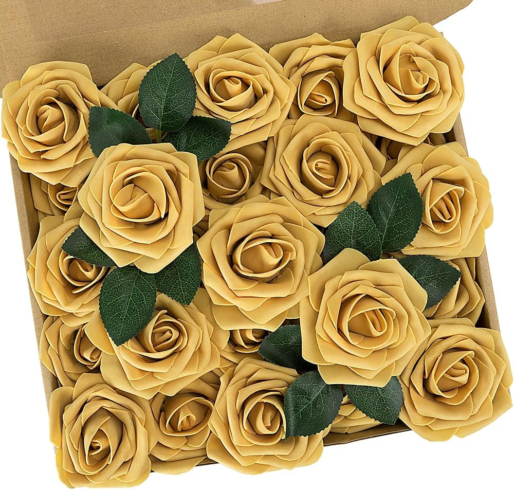 N&T NIETING Artificial Rose Flowers, 25pcs Fake Flowers Fall Yellow Rose DIY for Wedding Bridesmaid Bridal Bouquets Centerpieces Party Cake Decoration Home Display, Gold Yellow