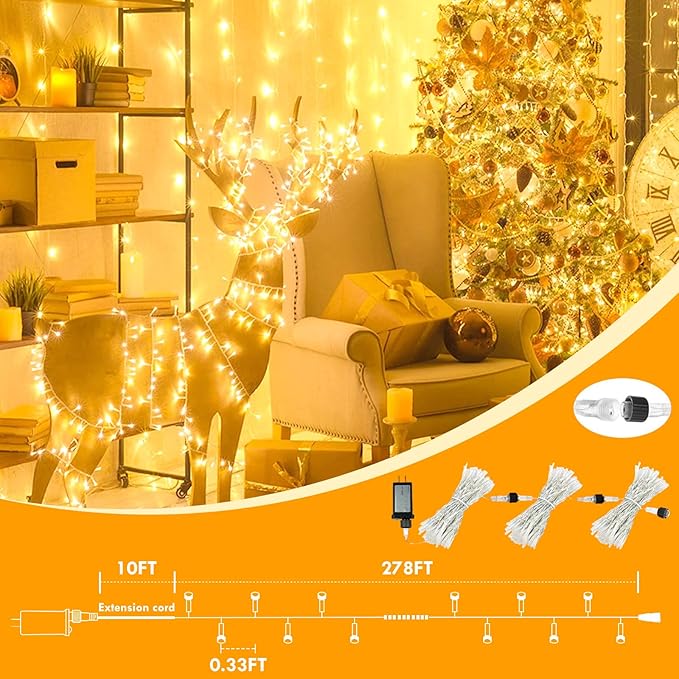 288FT 800LED Extra-Long String Lights Indoor Outdoor Clear Wire, Warm White Christmas String Lights, Plug in Twinkle Fairy Light With Timer and Memory For Wedding Patio Tree Yard Christmas Decorations