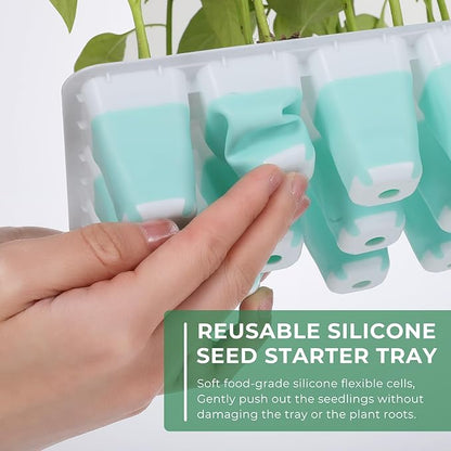 Seed Starter Tray with Grow Light, Flexible Silicone Seedling Starter Kit, 48-Cell Seed Growing Tray, Seed Starting Trays Plant Starter Kit, Reusable Indoor Gardening Plant Germination Trays (2)