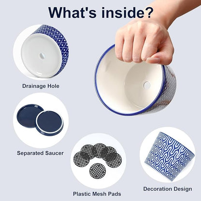 Selamica Ceramic Succulent Pots, 3.4 Inch Small Pots for Plants with Drainage Holes and Saucers, Succulent Planters for Indoor Plants, Cactus, Home Decor, Set of 4, Vintage Blue