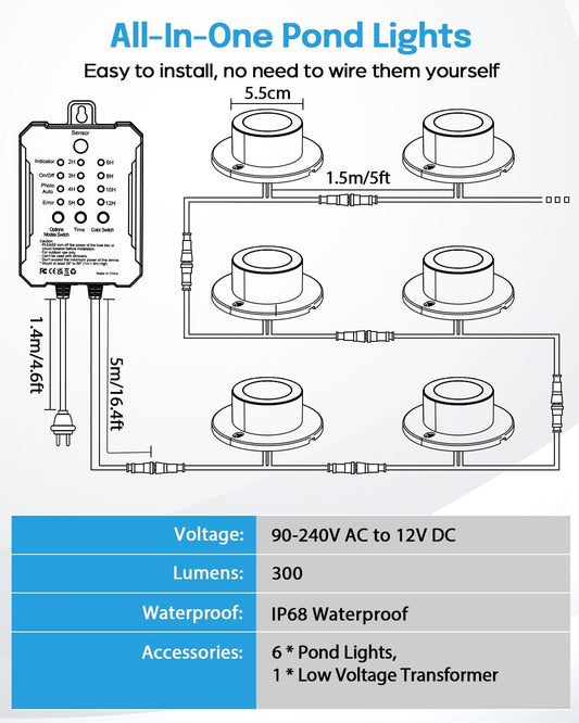 HIBOITEC LED Pond Lights, RGB Underwater Fountain Light with 12V Timer Transformer, Photocell Light Sensor, IP68 Waterproof Outdoor Underwater Lights for Outdoor Ponds Garden, 6 Pack