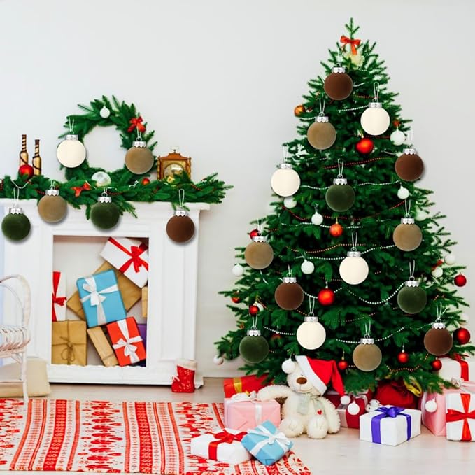 YUJUN 12 PCS Christmas Large Velvet Balls Ornaments 3.14In Shatterproof White Green Tree Hanging Plastic Ball Set Xmas Bulk Flocked Ornaments for Christmas Tree Home Party Wreath Decorations