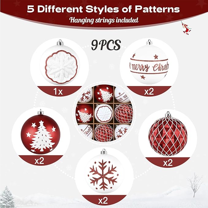 SHareconn 100MM/4 Inch 9PCS Large Christmas Balls Ornaments, Shatterproof Plastic Hanging Big Baubles Set for Xmas Tree Decoration Holiday Party Wedding Decorations with Hook,Red and White