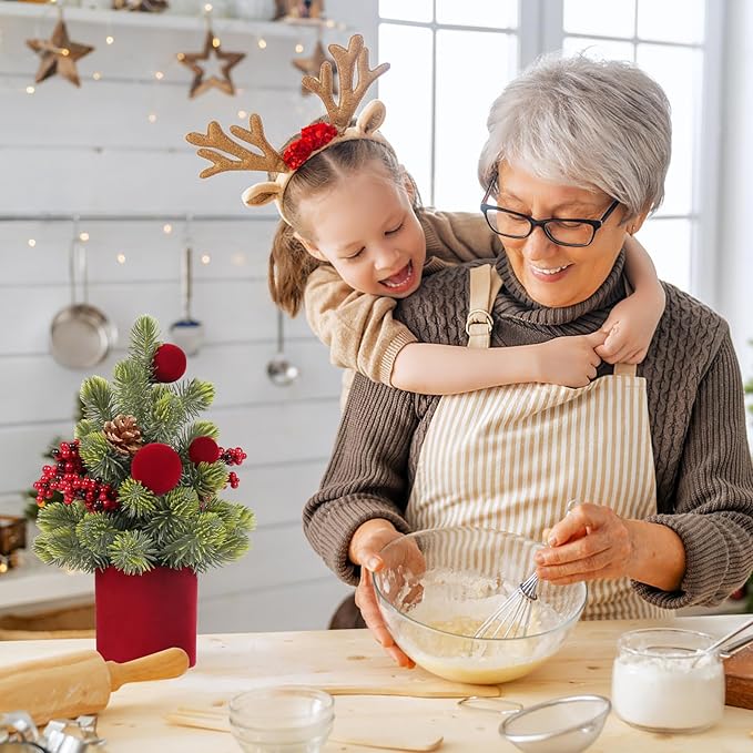 Small Christmas Tree, 12Inch Artificial Burgundy Velvet Ball Berry Mini Tabletop Christmas Decorations, for Home Party Thankgivings Xmas Indoor Decor.
