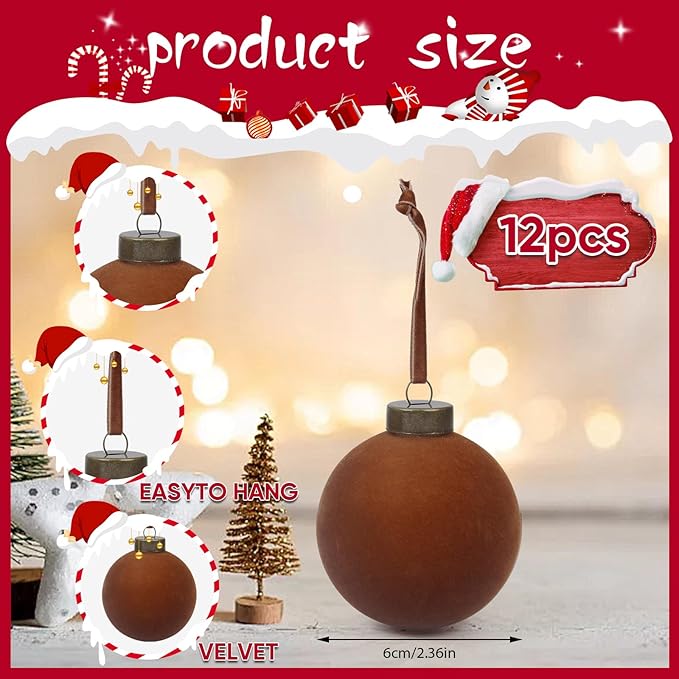 12 Pcs Velvet Christmas Balls Bulk Shatterproof Plastic Christmas Tree Decorations for Decorative Hanging Baubles (12, Brown, 2.36Inch)