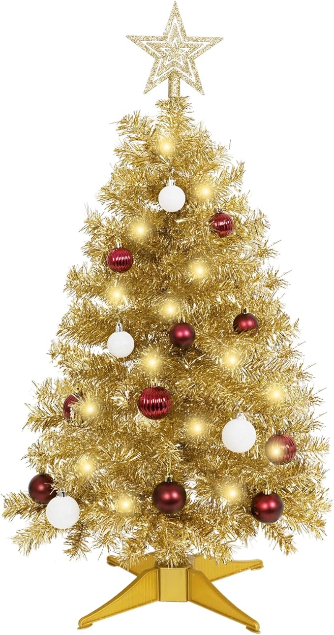 Sunshine Champagne Christmas Tree with Light 3ft Artifical Full Christmas Tree with Ball & Star Ornaments 8 Lighting Modes for Holiday Decor