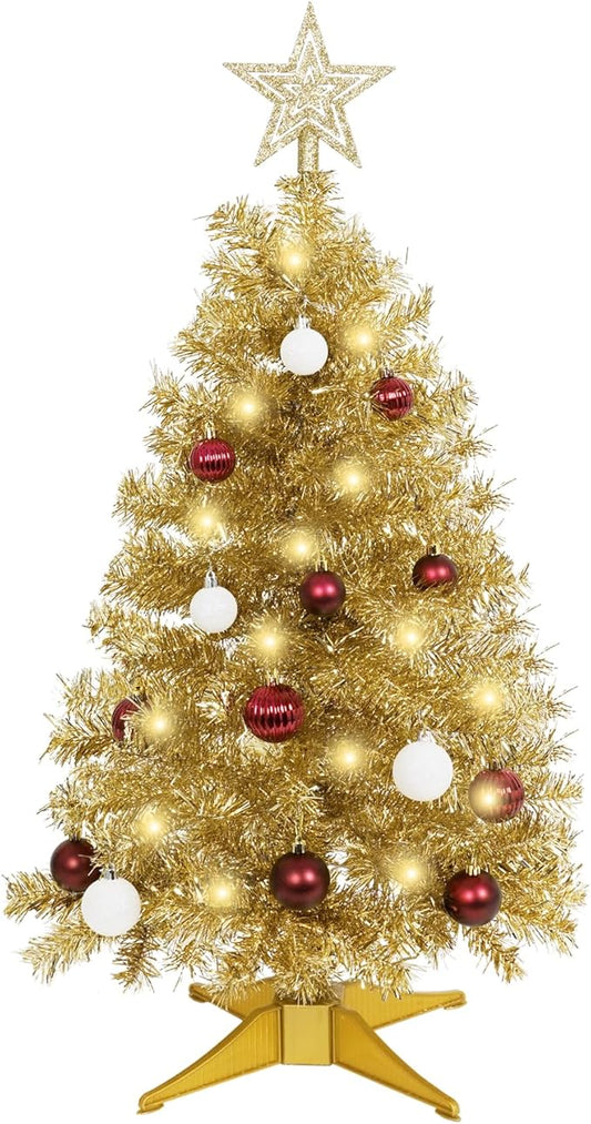Sunshine Champagne Christmas Tree with Light 3ft Artifical Full Christmas Tree with Ball & Star Ornaments 8 Lighting Modes for Holiday Decor