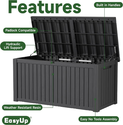 180 Gallon Outdoor Storage Box Waterproof, UV Resistant Resin Deck Box with Hydraulic Rod, Reinforced Stability for Patio, Garden, and Pool, Striped Black