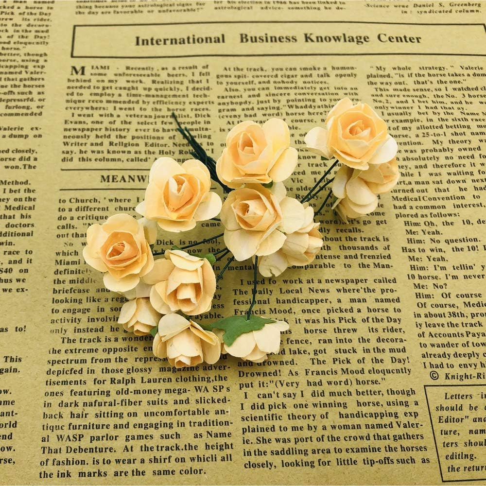 Mini Fake Rose Flower Heads 144pcs Mini Artificial Mulberry Paper Roses Flower with Wire Stem DIY Wedding Flowers Accessories Make Bridal Hair Clips Headbands Dress (Champagne)