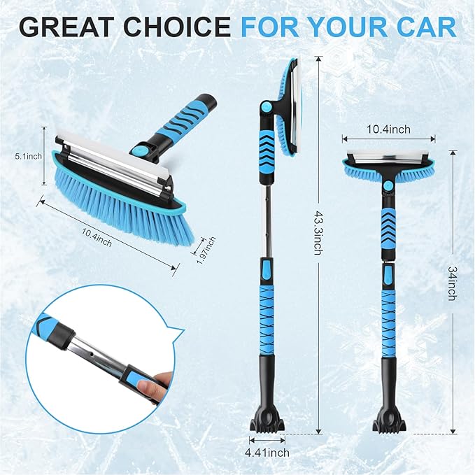 Yougfin Windshield Ice Scraper Car Brush for Snow 43 inch, 3 in 1 Detachable Snow Scraper with Squeegee, 180° Pivoting Brush Head, Foam Grip, Extendable Snow Removal for Auto Truck SUV Van