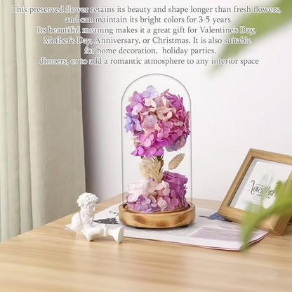 dranmoner Preserved Flower Glass Dome with LED Lights, Handmade Fantasy Purple Hydrangea and Roses Arrangement, Wood Base, for Mom Grandma Wife Friend Used as for Occasions Home Decor