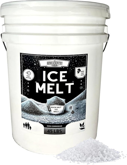Rock Salt Ice Melt Pail De-Icer, Optimal Granule Size for Quick Melting, Ideal for Driveways, Walkways, and Entryways 45 lb Pail