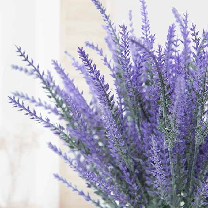 Ouddy Decor 24 Bundles Artificial Lavender Fake Flowers Faux Plastic Plants for Home Wedding Kitchen Garden Patio Window Box Office Table Centerpieces Indoor Outdoor Decor, Gray Purple