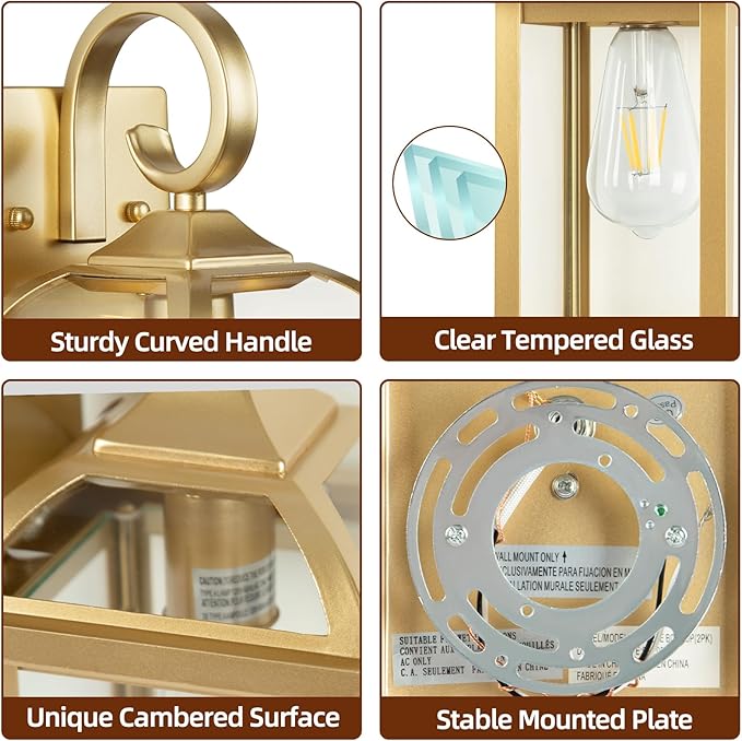 Gold Outdoor Wall Lights 2-Pack 15 Inch, Aluminum Anti-Rust Large Exterior Porch Wall Lanterns with IP65 Waterproof Clear Glass Brass Outdoor Lights Wall Mount Exterior Lights for House