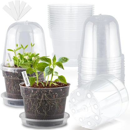 BTPLASTIK 6 Inch Clear Nursery Pots with Humidity Domes 15 Pack, Transparent Plastic Plant Pot with Drainage Holes and Saucers, Seed Starter Pots with 15 Pcs Plant Labels and 15 Pcs Soil Screens