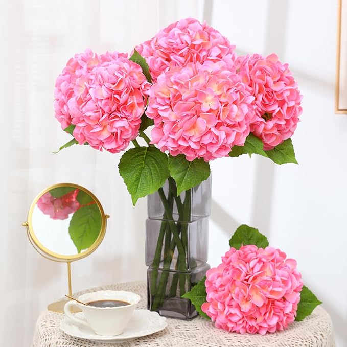 Nubry 22.44In Pink Hydrangea Artificial Flowers,4Pcs Latex Faux Real Touch Large Hydrangea Flowers with Long Stems & Leaves for Home Office Decor Wedding Party Arrangements(Pink)