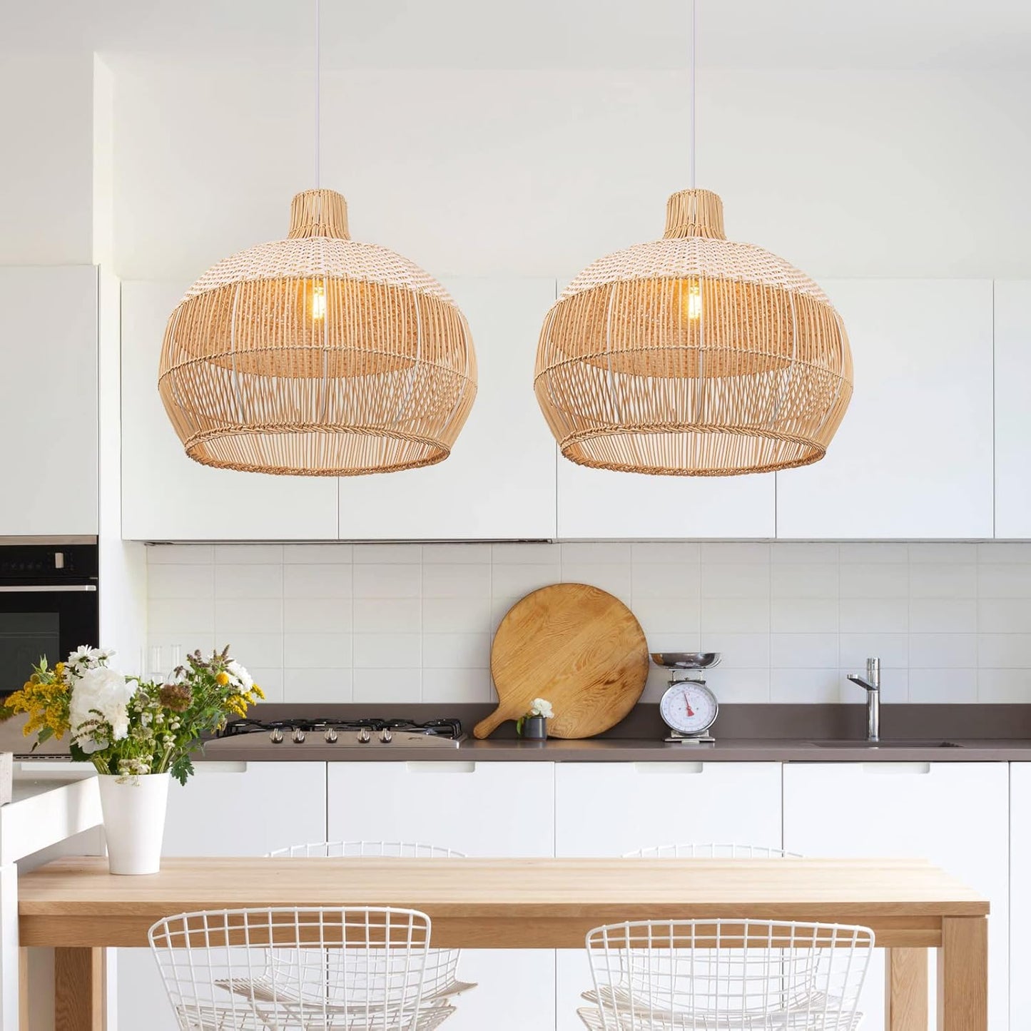 Arturesthome 1 Light White Rattan Pendant Light for Kitchen Island Sink,19.6" Wicker Chandelier, Handmade Woven Hanging Ceiling Light Lampshade