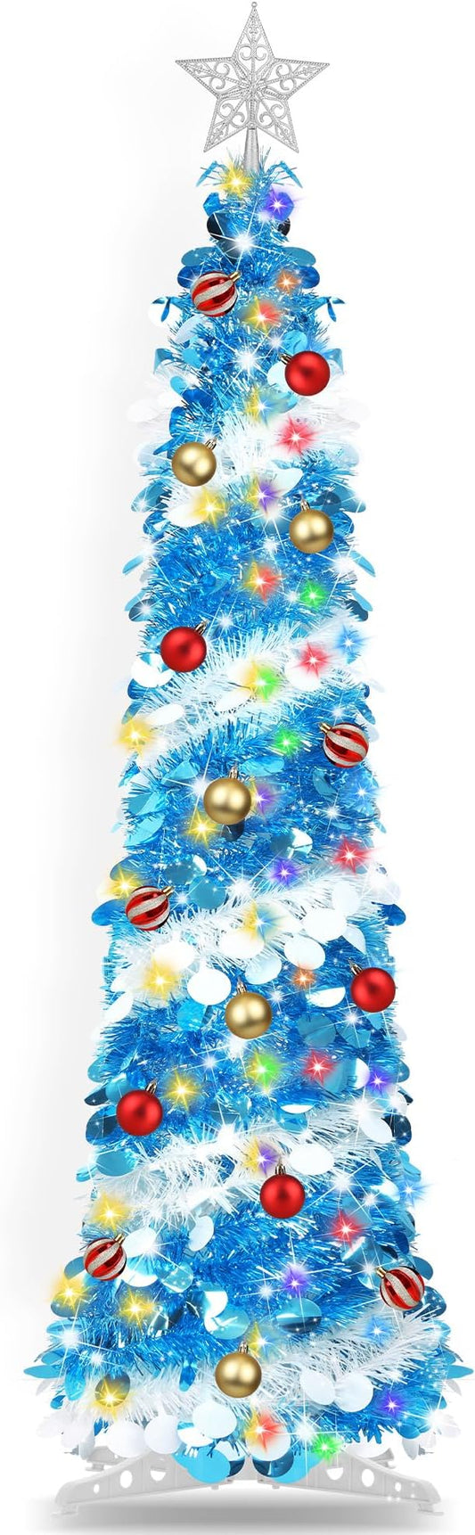 5FT Pop Up Christmas Tree with Timer 60 Warm White & Multi Color Fairy Light 3D Star 15 Ball Ornament, Blue White Tinsel Christmas Tree Slim Pencil Xmas Tree Home Office Holiday Decor Indoor Outdoor