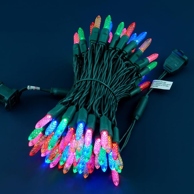 100 Multicolor Faceted One-Piece LED Christmas Lights, 33 ft Green Cord High Waterproof UL Certified M6 Outdoor String Lights (Multicolor)