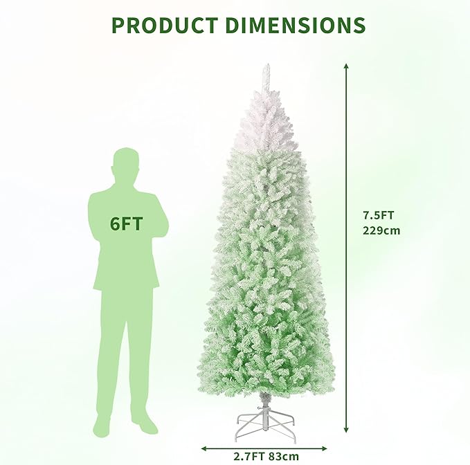 GAOMON 7.5Ft Pencil Christmas Tree Artificial Slim Xmas Trees Skinny Christmas Tree Decorations Fake Flockeds, White & Green Gradient