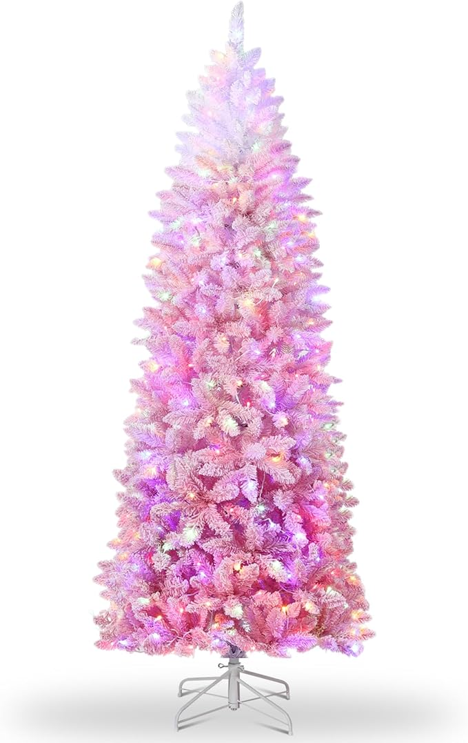GAOMON 6Ft Snow Flocked Pencil Christmas Tree, Slim Artificial Christmas Tree with Sturdy Metal Stand, Skinny Xmas Tree Holiday Decoration for Home, Office, Pink Gradient
