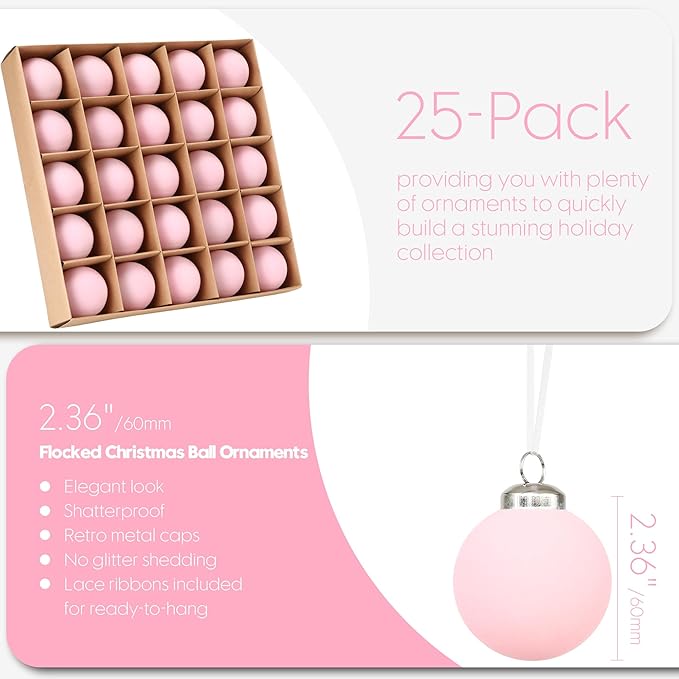 Sea Team 25-Pack Flocked Velvet Christmas Tree Ball Ornaments Set, Hanging Velour Baubles, Shatterproof Plastic Decorations for Xmas Tree, Wreath, Garland, 60mm/2.36 Inches, Pink